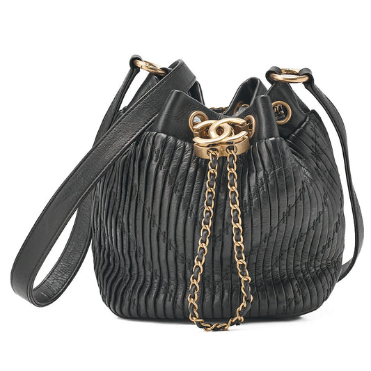 CHANEL Lambskin V-Stitch Drawstring Shoulder Bag Black Gold-Tone Hardware, Pre-Owned