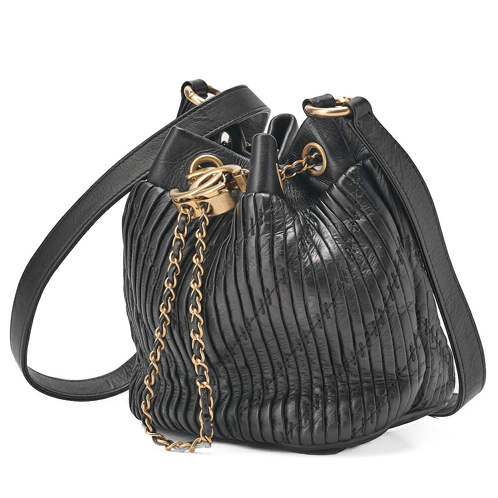 CHANEL Lambskin V-Stitch Drawstring Shoulder Bag Black Gold-Tone Hardware, Pre-Owned