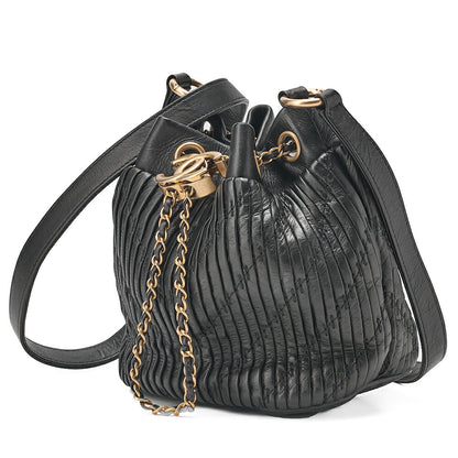 CHANEL Lambskin V-Stitch Drawstring Shoulder Bag Black Gold-Tone Hardware, Pre-Owned