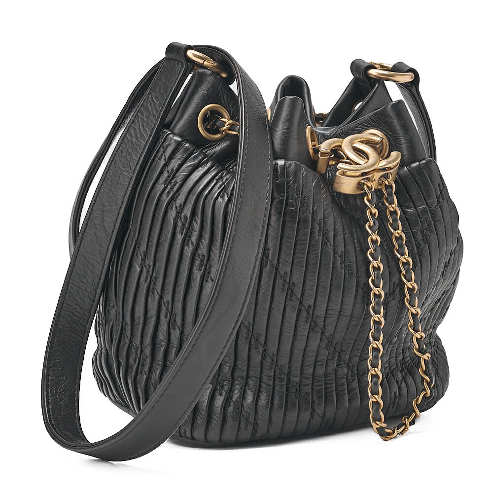 CHANEL Lambskin V-Stitch Drawstring Shoulder Bag Black Gold-Tone Hardware, Pre-Owned
