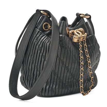 CHANEL Lambskin V-Stitch Drawstring Shoulder Bag Black Gold-Tone Hardware, Pre-Owned