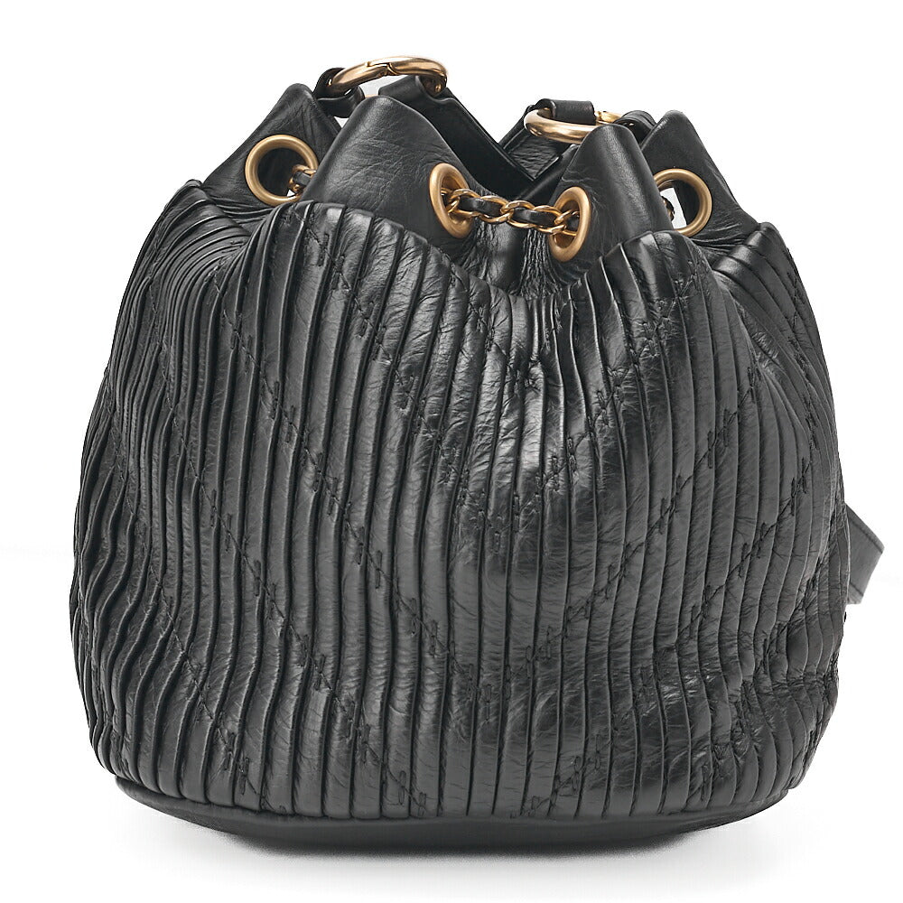 CHANEL Lambskin V-Stitch Drawstring Shoulder Bag Black Gold-Tone Hardware, Pre-Owned