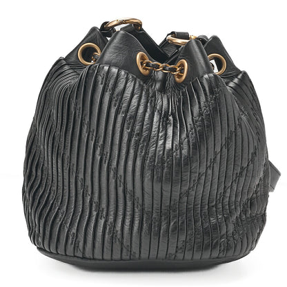 CHANEL Lambskin V-Stitch Drawstring Shoulder Bag Black Gold-Tone Hardware, Pre-Owned