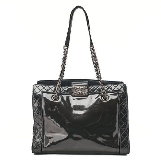 CHANEL Enamel Boy Chanel Chain Tote Bag Black Gunmetal-Tone Hardware, Pre-Owned