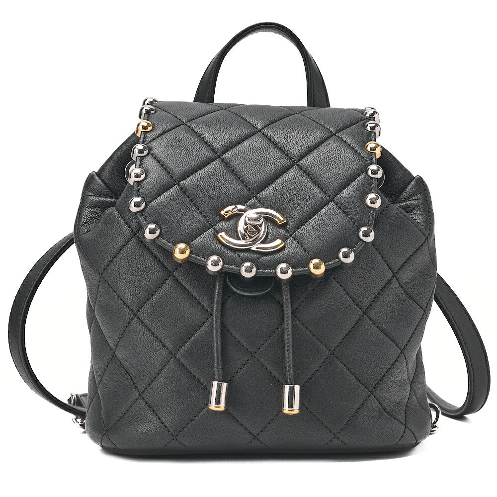 CHANEL Lambskin Matelasse Studd Chain Backpack Black Gold x Silver-Tone Hardware, Pre-Owned