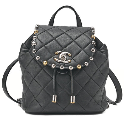 CHANEL Lambskin Matelasse Studd Chain Backpack Black Gold x Silver-Tone Hardware, Pre-Owned
