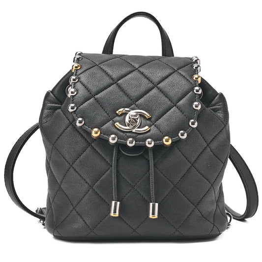 CHANEL Lambskin Matelasse Studd Chain Backpack Black Gold x Silver-Tone Hardware, Pre-Owned