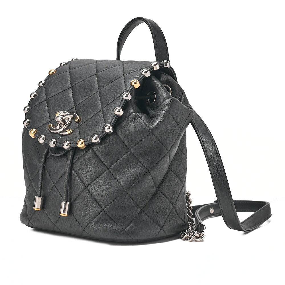 CHANEL Lambskin Matelasse Studd Chain Backpack Black Gold x Silver-Tone Hardware, Pre-Owned