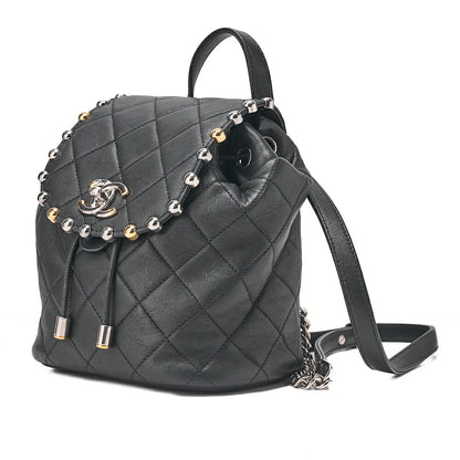 CHANEL Lambskin Matelasse Studd Chain Backpack Black Gold x Silver-Tone Hardware, Pre-Owned