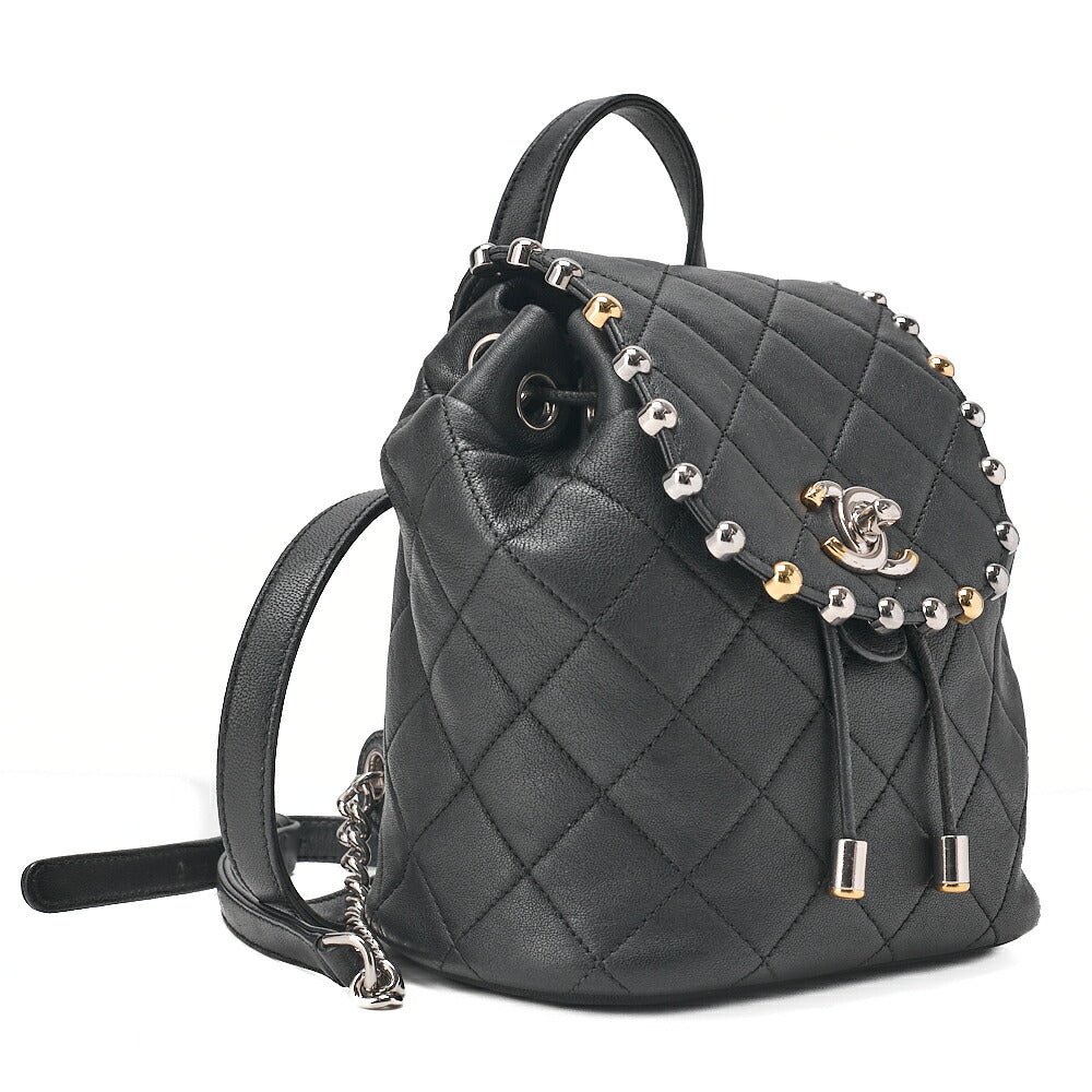 CHANEL Lambskin Matelasse Studd Chain Backpack Black Gold x Silver-Tone Hardware, Pre-Owned
