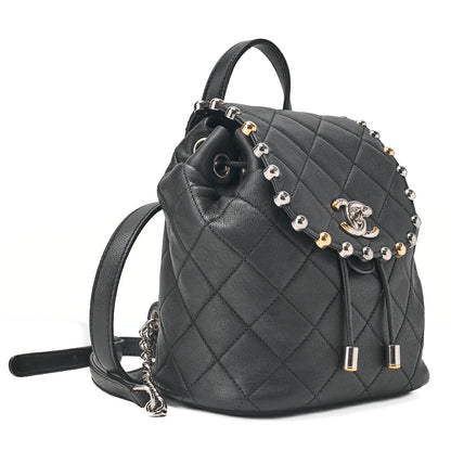 CHANEL Lambskin Matelasse Studd Chain Backpack Black Gold x Silver-Tone Hardware, Pre-Owned