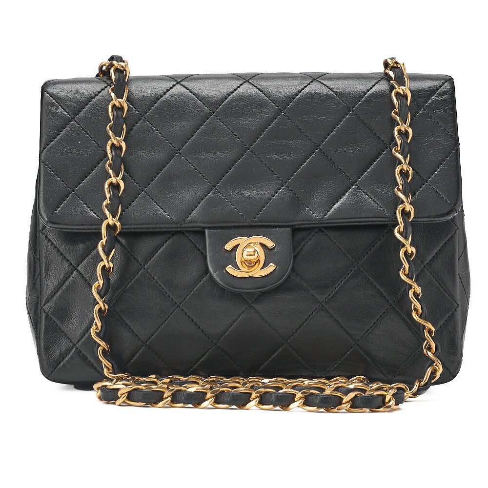 CHANEL Lambskin Mini Matelasse 20cm Single Flap Chain Shoulder Bag Black Gold-Tone Hardware, Pre-Owned