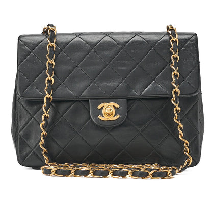 CHANEL Lambskin Mini Matelasse 20cm Single Flap Chain Shoulder Bag Black Gold-Tone Hardware, Pre-Owned