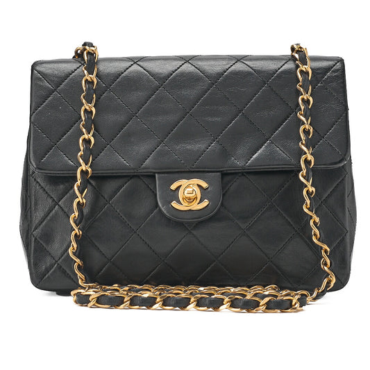 CHANEL Lambskin Mini Matelasse 20cm Single Flap Chain Shoulder Bag Black Gold-Tone Hardware, Pre-Owned