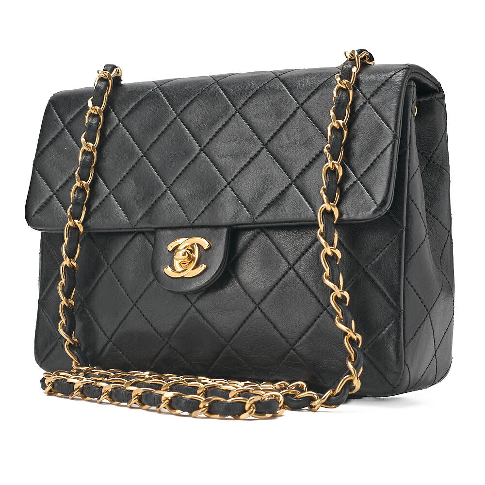 CHANEL Lambskin Mini Matelasse 20cm Single Flap Chain Shoulder Bag Black Gold-Tone Hardware, Pre-Owned