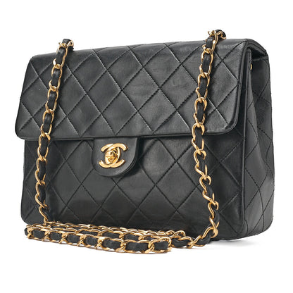 CHANEL Lambskin Mini Matelasse 20cm Single Flap Chain Shoulder Bag Black Gold-Tone Hardware, Pre-Owned