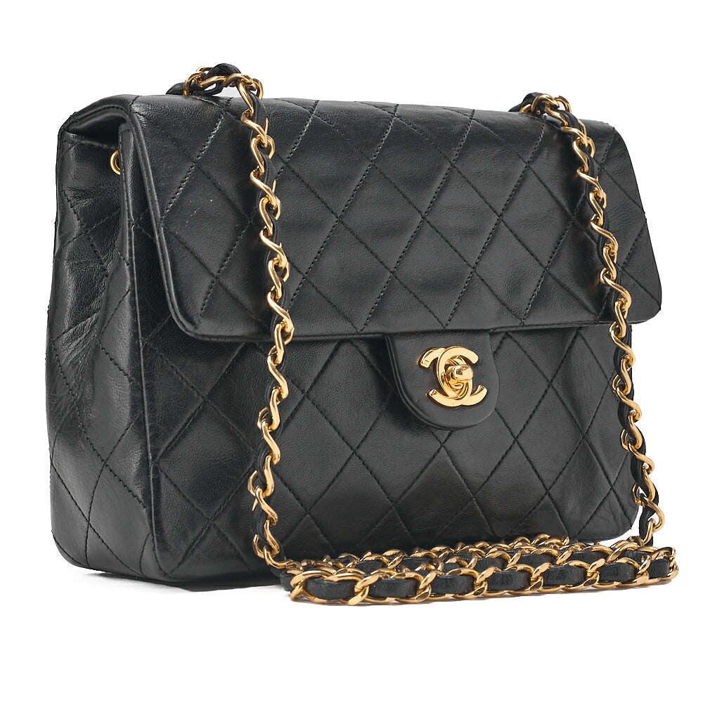 CHANEL Lambskin Mini Matelasse 20cm Single Flap Chain Shoulder Bag Black Gold-Tone Hardware, Pre-Owned