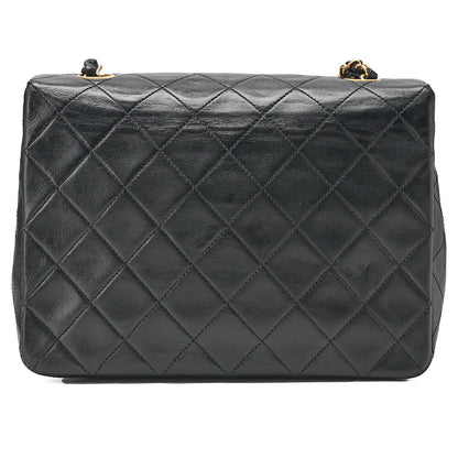 CHANEL Lambskin Mini Matelasse 20cm Single Flap Chain Shoulder Bag Black Gold-Tone Hardware, Pre-Owned