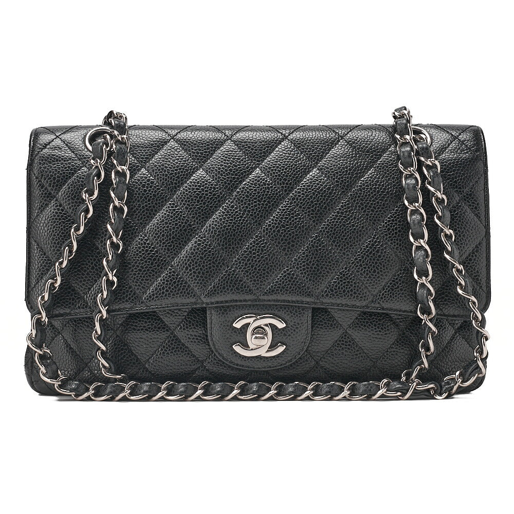 CHANEL Caviar Skin Matelasse Double Flap 25cm Chain Shoulder Black Silver-Tone Hardware, Pre-Owned