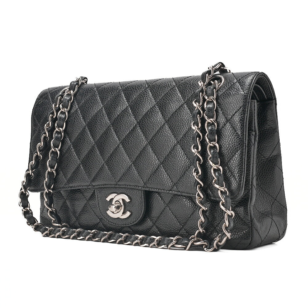 CHANEL Caviar Skin Matelasse Double Flap 25cm Chain Shoulder Black Silver-Tone Hardware, Pre-Owned