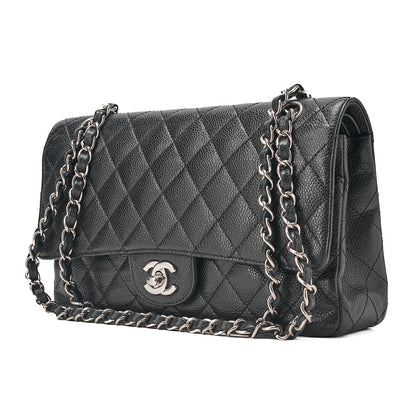 CHANEL Caviar Skin Matelasse Double Flap 25cm Chain Shoulder Black Silver-Tone Hardware, Pre-Owned