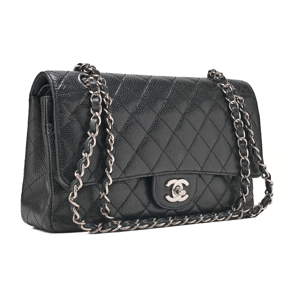 CHANEL Caviar Skin Matelasse Double Flap 25cm Chain Shoulder Black Silver-Tone Hardware, Pre-Owned