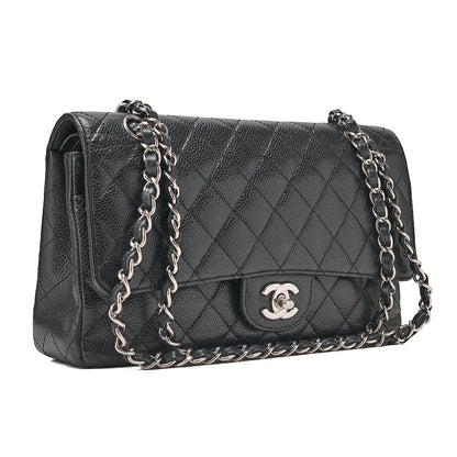 CHANEL Caviar Skin Matelasse Double Flap 25cm Chain Shoulder Black Silver-Tone Hardware, Pre-Owned