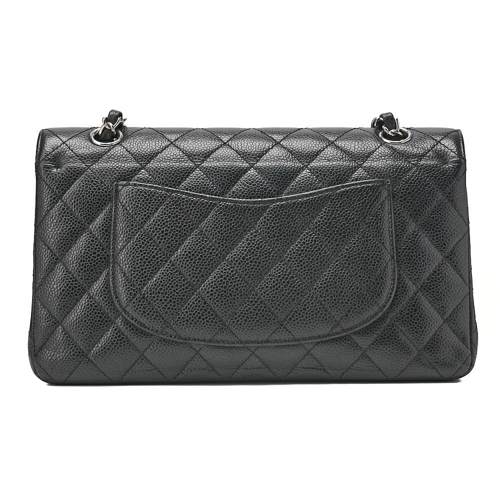 CHANEL Caviar Skin Matelasse Double Flap 25cm Chain Shoulder Black Silver-Tone Hardware, Pre-Owned