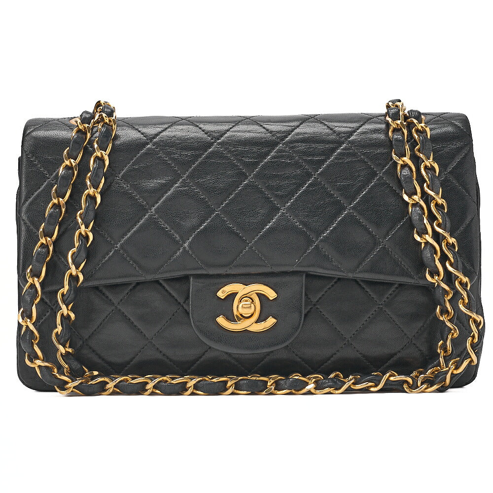 CHANEL Matelasse 23cm Double Flap Chain Shoulder Bag Lambskin Black Gold-Tone Hardware, Pre-Owned