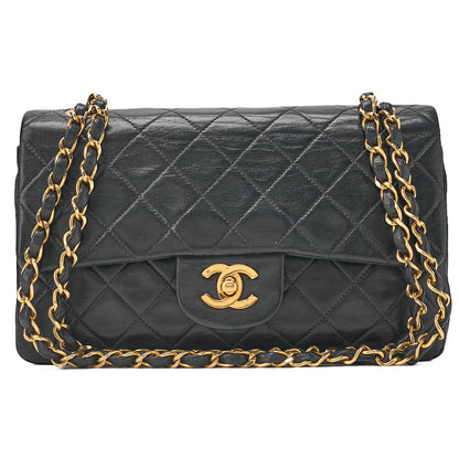 CHANEL Matelasse 23cm Double Flap Chain Shoulder Bag Lambskin Black Gold-Tone Hardware, Pre-Owned