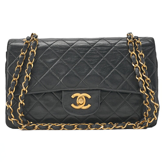 CHANEL Matelasse 23cm Double Flap Chain Shoulder Bag Lambskin Black Gold-Tone Hardware, Pre-Owned