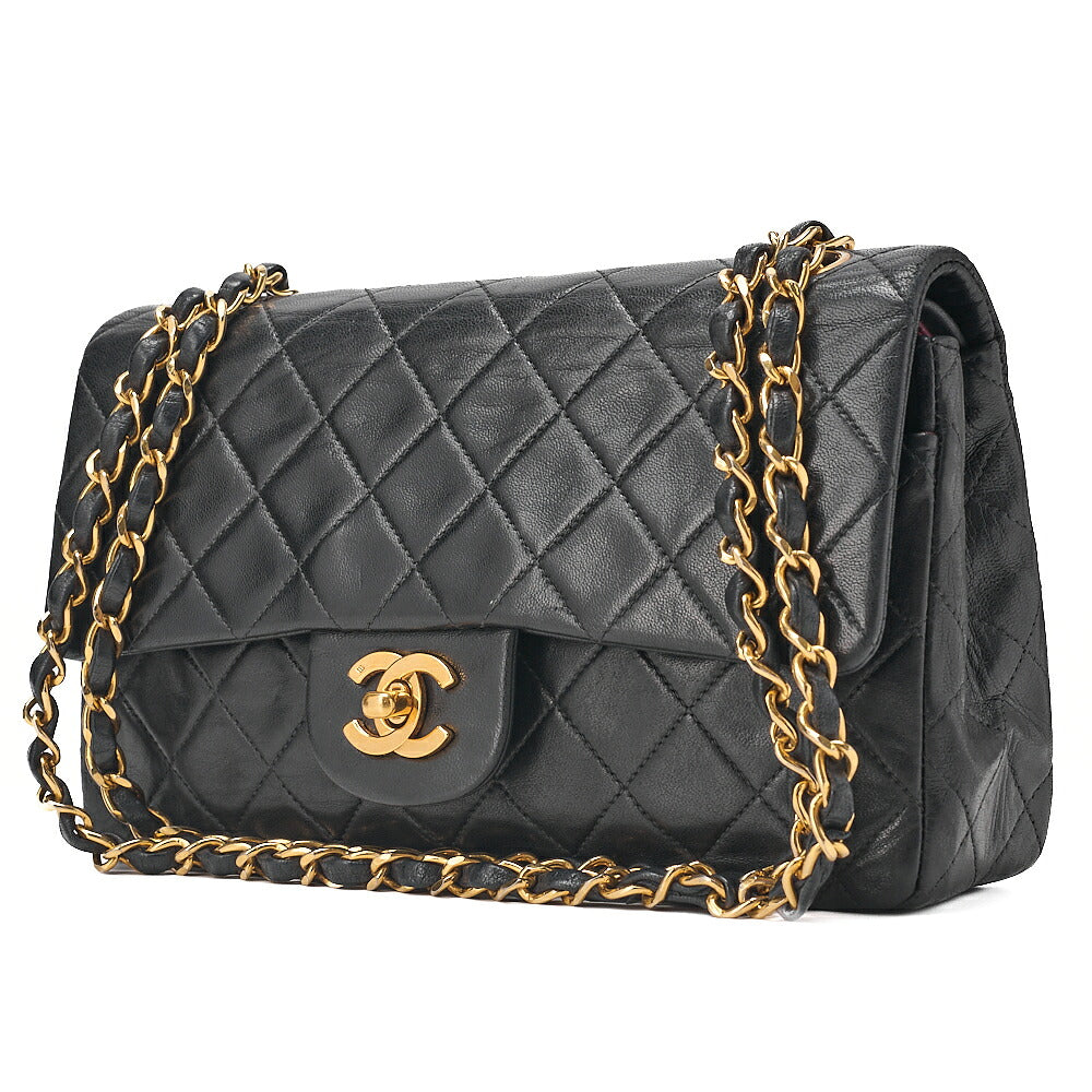 CHANEL Matelasse 23cm Double Flap Chain Shoulder Bag Lambskin Black Gold-Tone Hardware, Pre-Owned