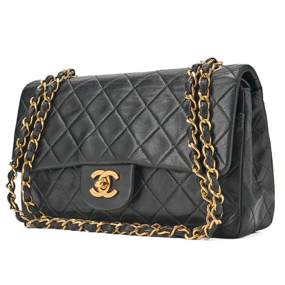 CHANEL Matelasse 23cm Double Flap Chain Shoulder Bag Lambskin Black Gold-Tone Hardware, Pre-Owned