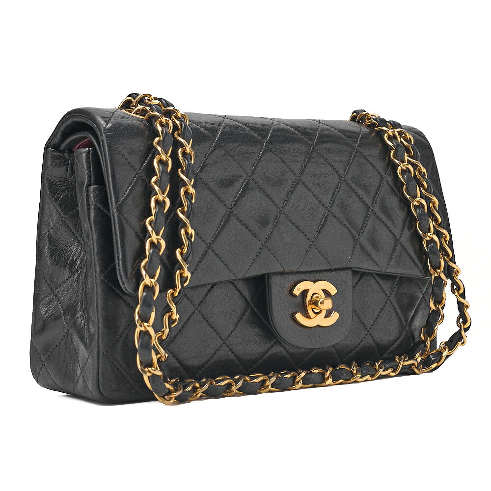 CHANEL Matelasse 23cm Double Flap Chain Shoulder Bag Lambskin Black Gold-Tone Hardware, Pre-Owned