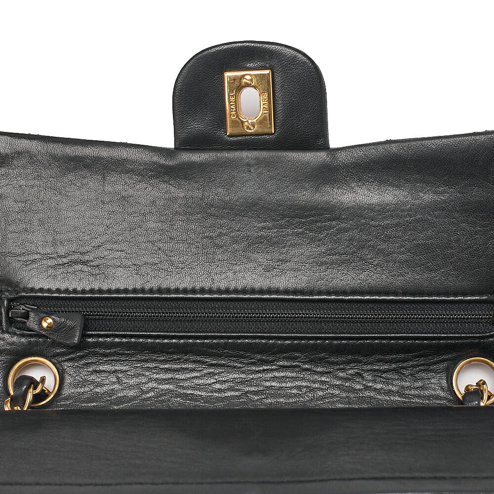 CHANEL Matelasse 23cm Double Flap Chain Shoulder Bag Lambskin Black Gold-Tone Hardware, Pre-Owned