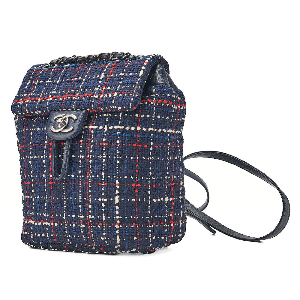 CHANEL Caviar Skin x Tweed Turn Lock Chain Backpack Navy x Multicolor Silver-Tone Hardware, Pre-Owned