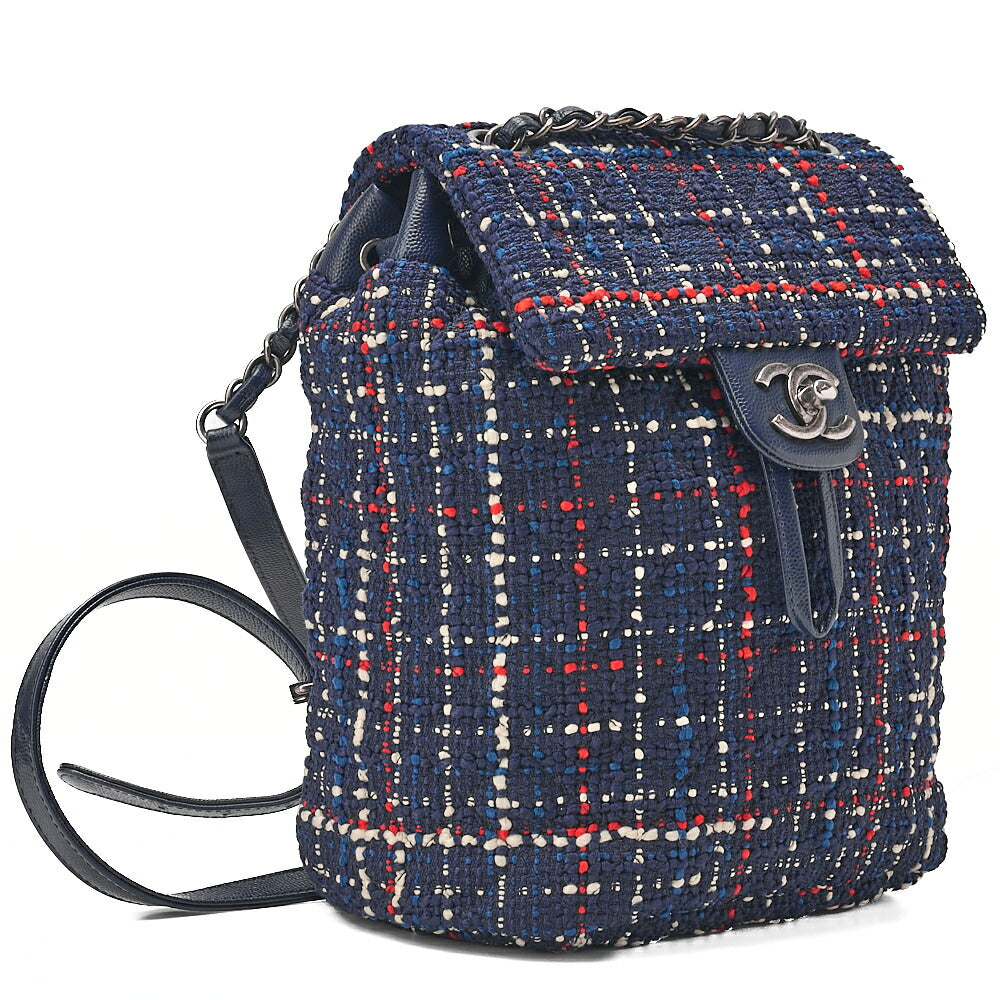 CHANEL Caviar Skin x Tweed Turn Lock Chain Backpack Navy x Multicolor Silver-Tone Hardware, Pre-Owned