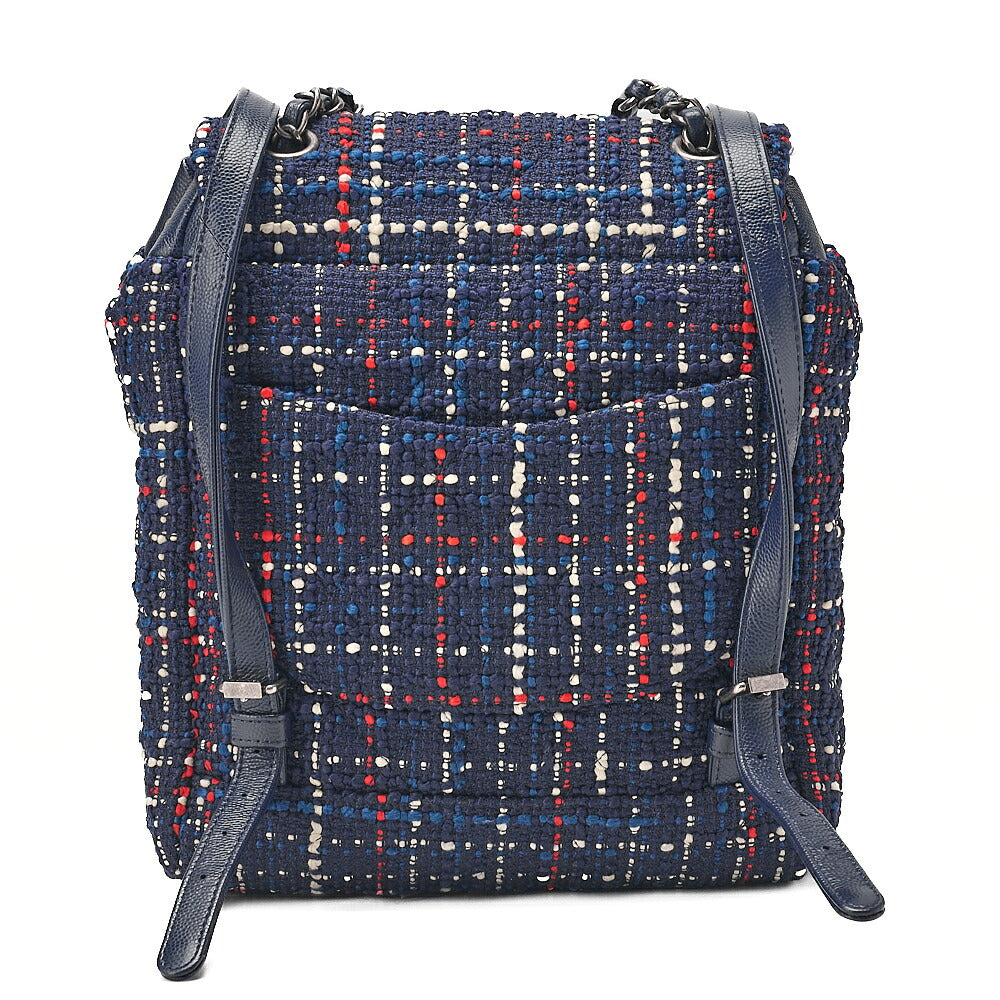 CHANEL Caviar Skin x Tweed Turn Lock Chain Backpack Navy x Multicolor Silver-Tone Hardware, Pre-Owned