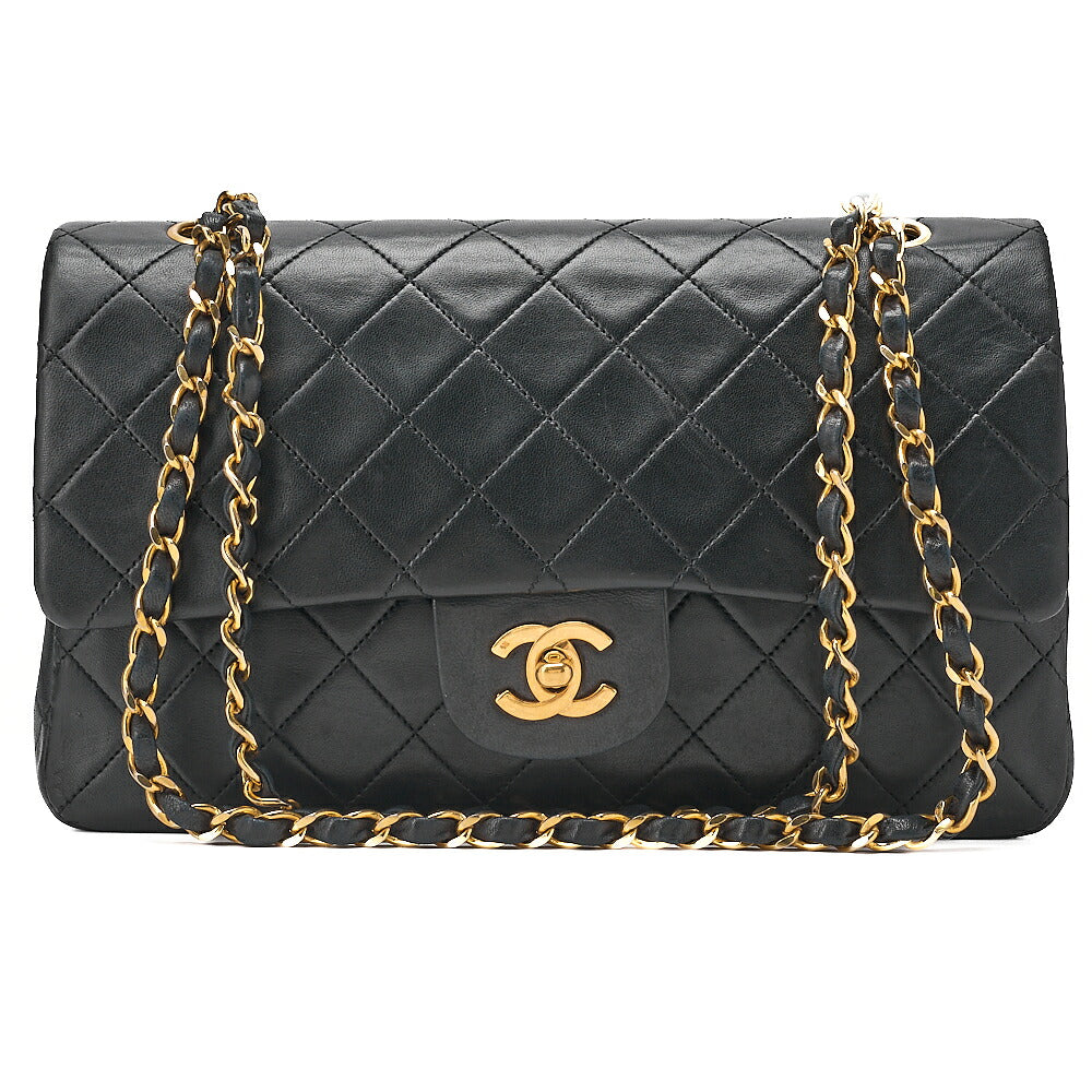 CHANEL Lambskin Matelasse 25cm Double Flap Chain Shoulder Black Gold-Tone Hardware, Pre-Owned