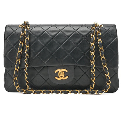 CHANEL Lambskin Matelasse 25cm Double Flap Chain Shoulder Black Gold-Tone Hardware, Pre-Owned