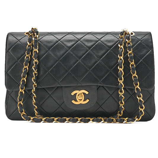 CHANEL Lambskin Matelasse 25cm Double Flap Chain Shoulder Black Gold-Tone Hardware, Pre-Owned