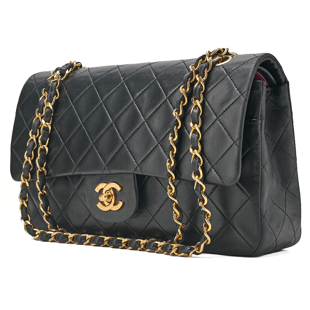 CHANEL Lambskin Matelasse 25cm Double Flap Chain Shoulder Black Gold-Tone Hardware, Pre-Owned