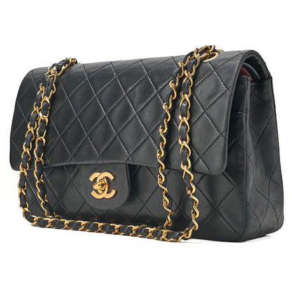 CHANEL Lambskin Matelasse 25cm Double Flap Chain Shoulder Black Gold-Tone Hardware, Pre-Owned
