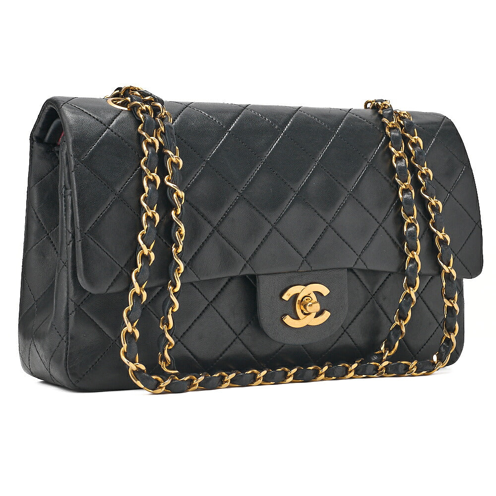 CHANEL Lambskin Matelasse 25cm Double Flap Chain Shoulder Black Gold-Tone Hardware, Pre-Owned