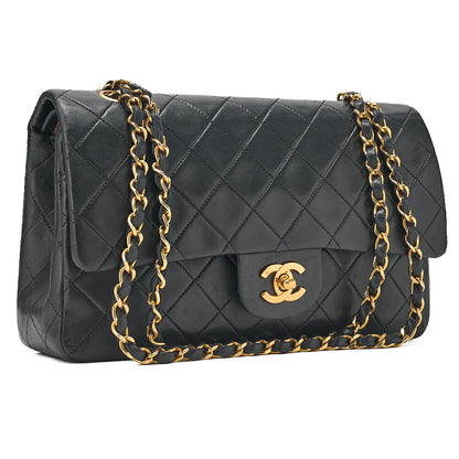 CHANEL Lambskin Matelasse 25cm Double Flap Chain Shoulder Black Gold-Tone Hardware, Pre-Owned