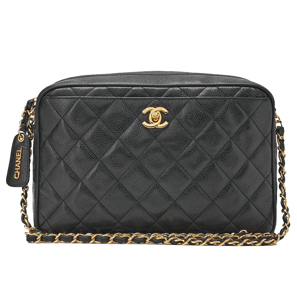CHANEL Caviar Skin Matelasse Turn Lock Plate Charm Attached Chain Shoulder Black Gold-Tone Hardware, Pre-Owned