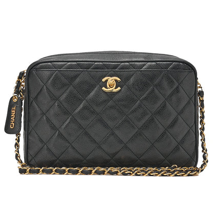 CHANEL Caviar Skin Matelasse Turn Lock Plate Charm Attached Chain Shoulder Black Gold-Tone Hardware, Pre-Owned