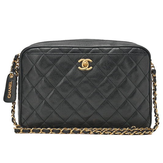 CHANEL Caviar Skin Matelasse Turn Lock Plate Charm Attached Chain Shoulder Black Gold-Tone Hardware, Pre-Owned