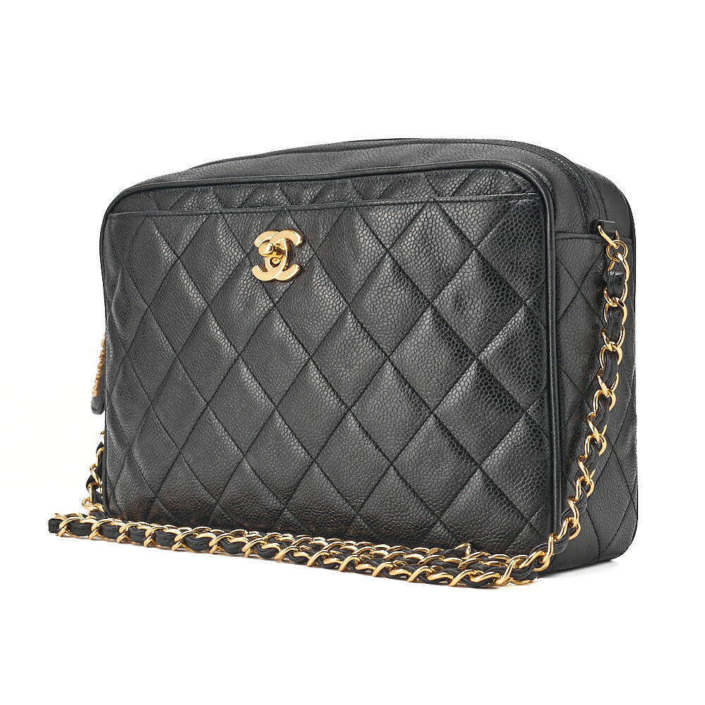 CHANEL Caviar Skin Matelasse Turn Lock Plate Charm Attached Chain Shoulder Black Gold-Tone Hardware, Pre-Owned