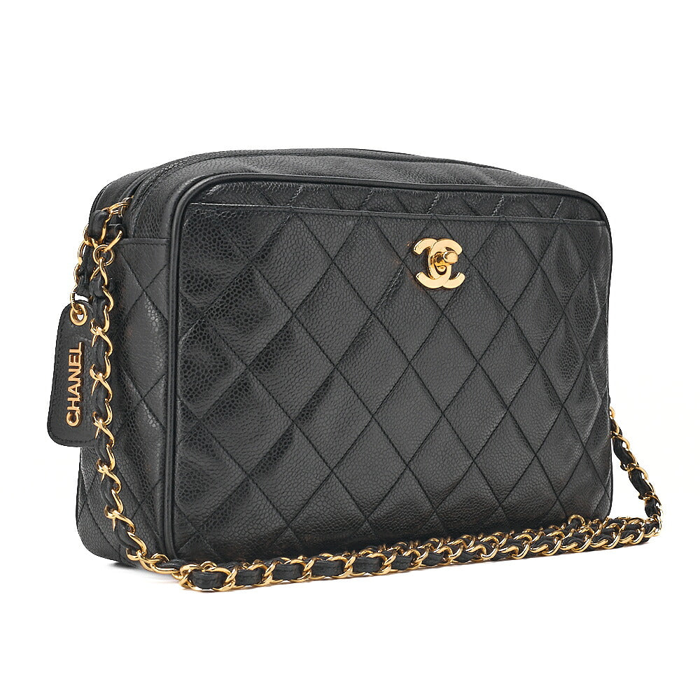 CHANEL Caviar Skin Matelasse Turn Lock Plate Charm Attached Chain Shoulder Black Gold-Tone Hardware, Pre-Owned